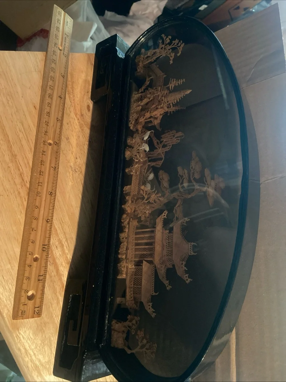 Vintage Hand Carved Chinese Cork Carving Oval Diorama 14. X 7”